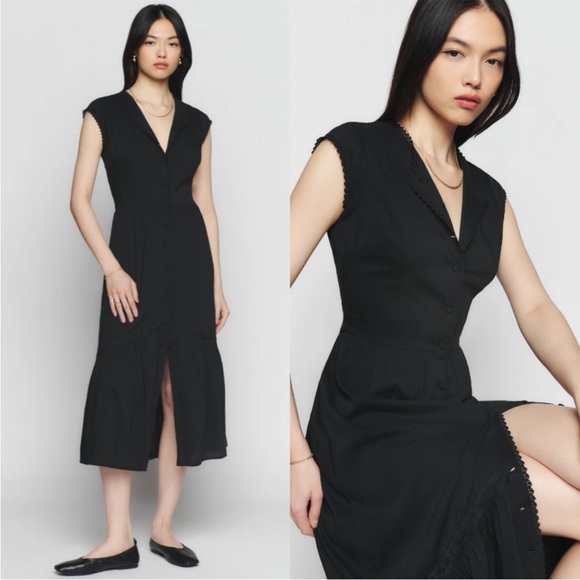 Reformation Dresses & Skirts - Reformation Black Organic Cotton Button Down Midi Dress Size 8 Whimsigoth Chic